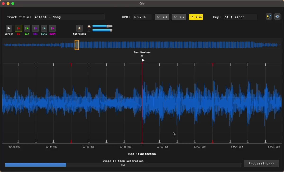 Qie Stem Slicer desktop application — AI stem separation interface