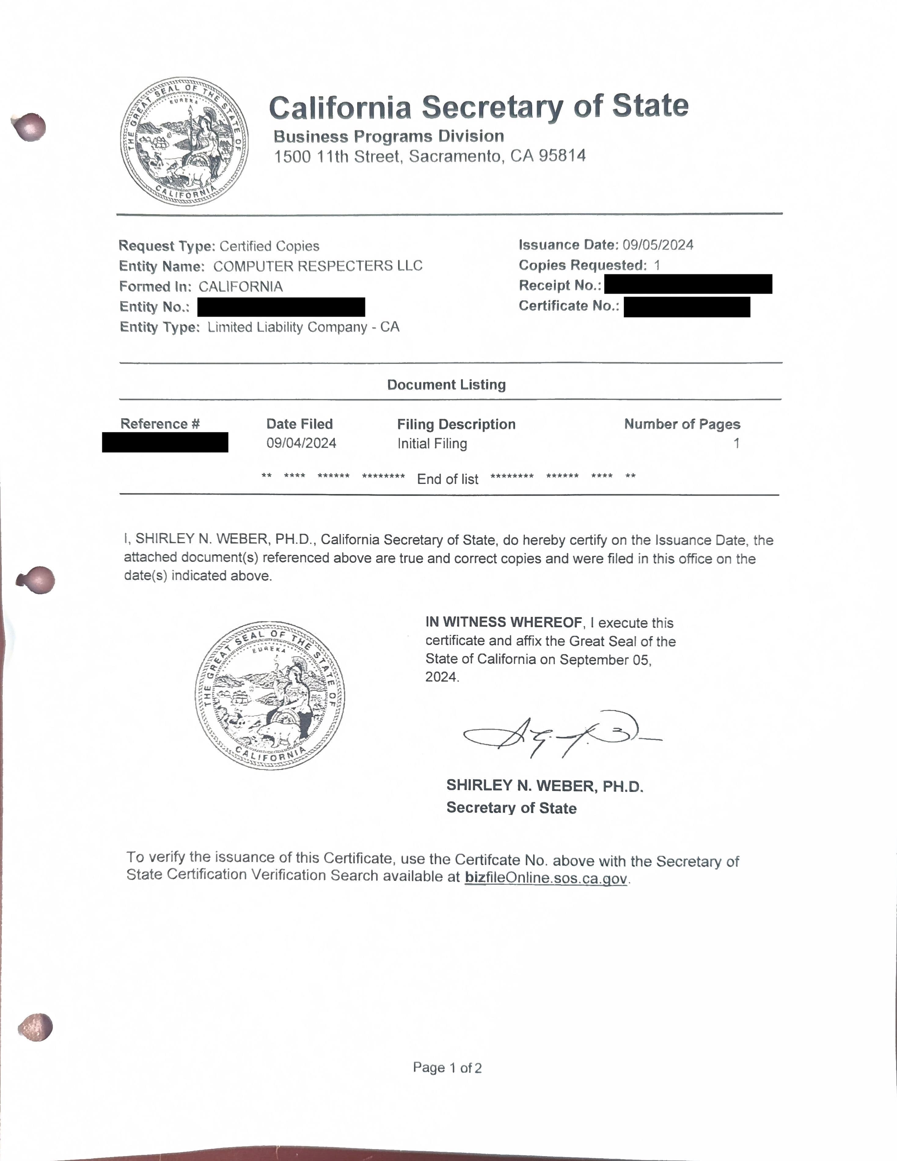 California Secretary of State filing confirmation