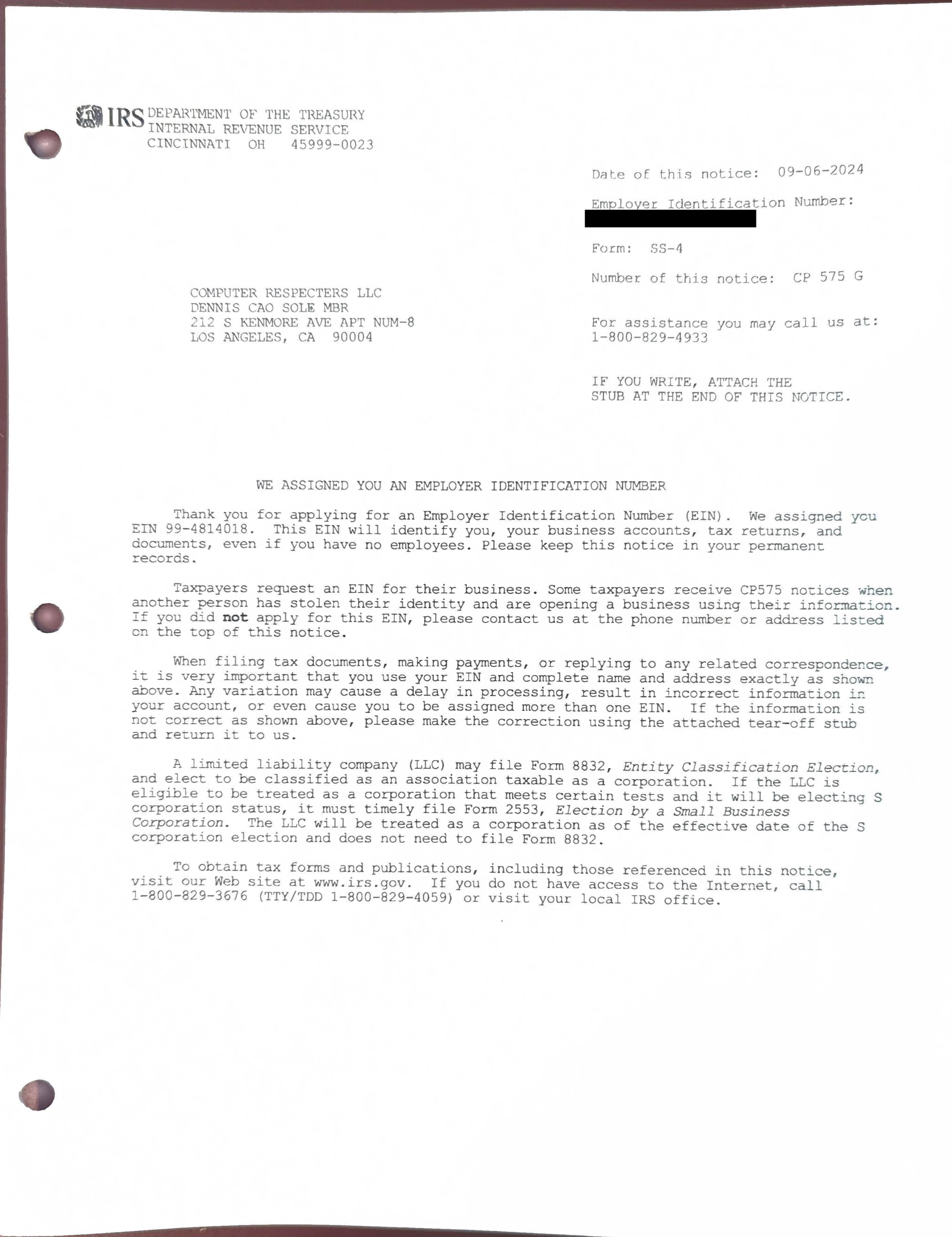 IRS Employer Identification Number letter